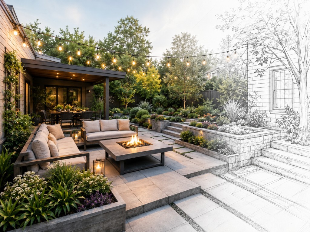 Patio concept transitioning from sketch to finished outdoor living space